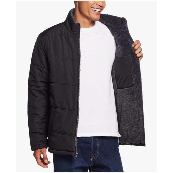 Men's Sz XL Weatherproof Sherpa Lined Puff Full Zip Jacket Puffer Coat L52 Black - Picture 1 of 8